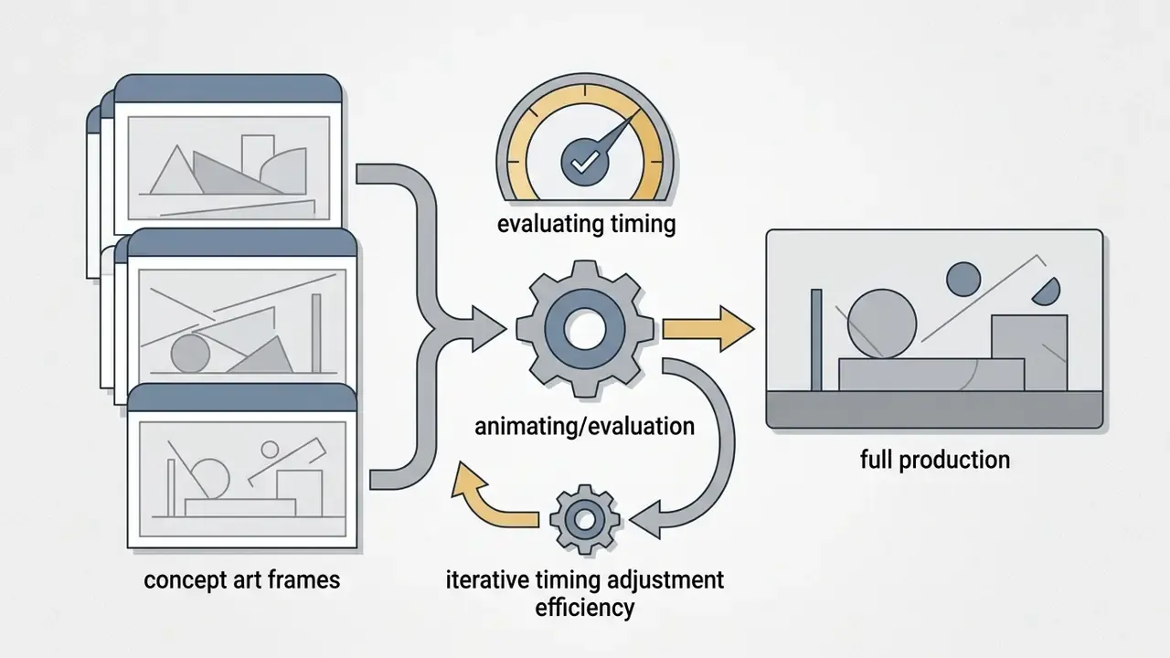 Concept art frames feeding into a gear system to evaluate timing and iterate before full production