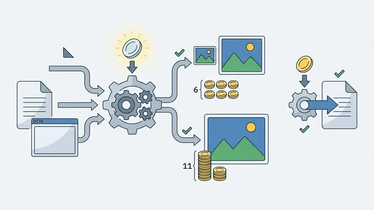 Coins and document settings feeding into a gear mechanism to calculate Kling AI video generator credit costs