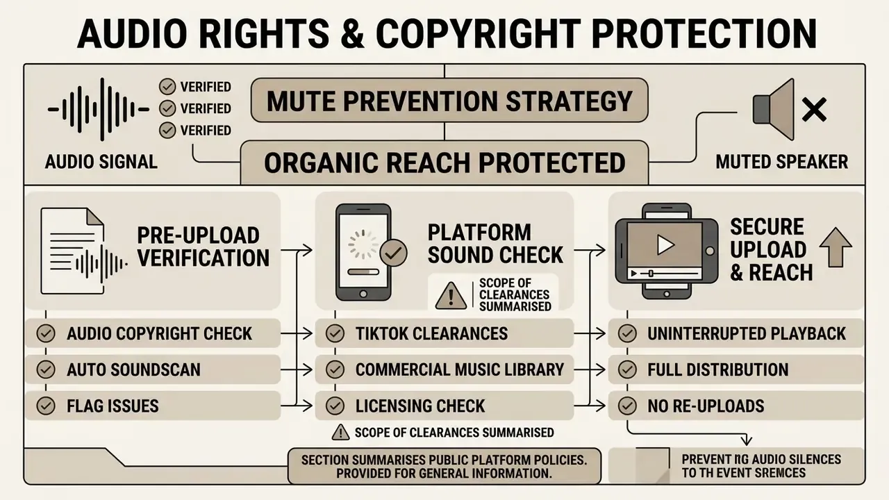 Flowchart showing steps for audio copyright verification to ensure uninterrupted video playback