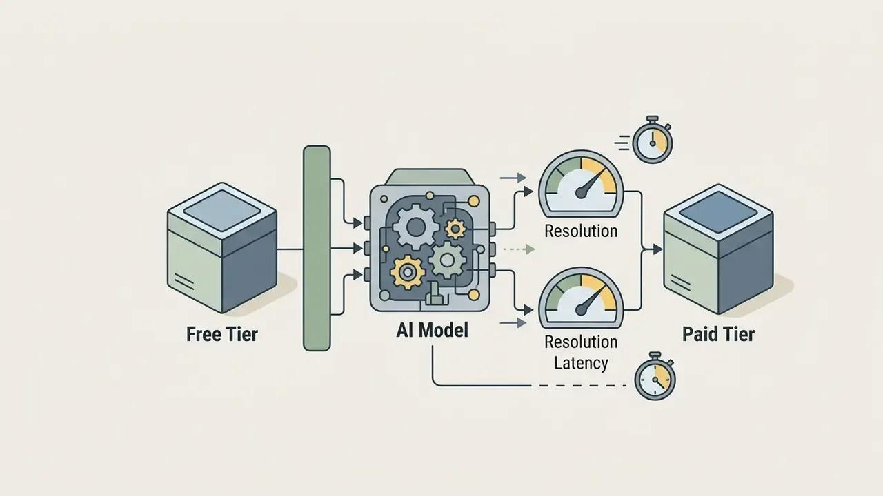 Comparison of free and paid tiers feeding into an AI model with identical resolution and latency gauges