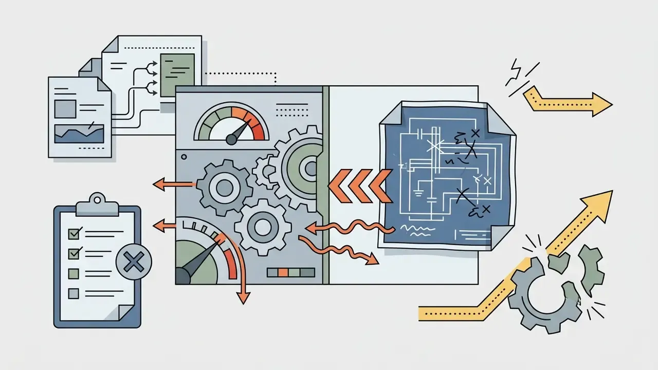 Technical blueprints and checklists feeding into a gear system that flags errors and safety risks