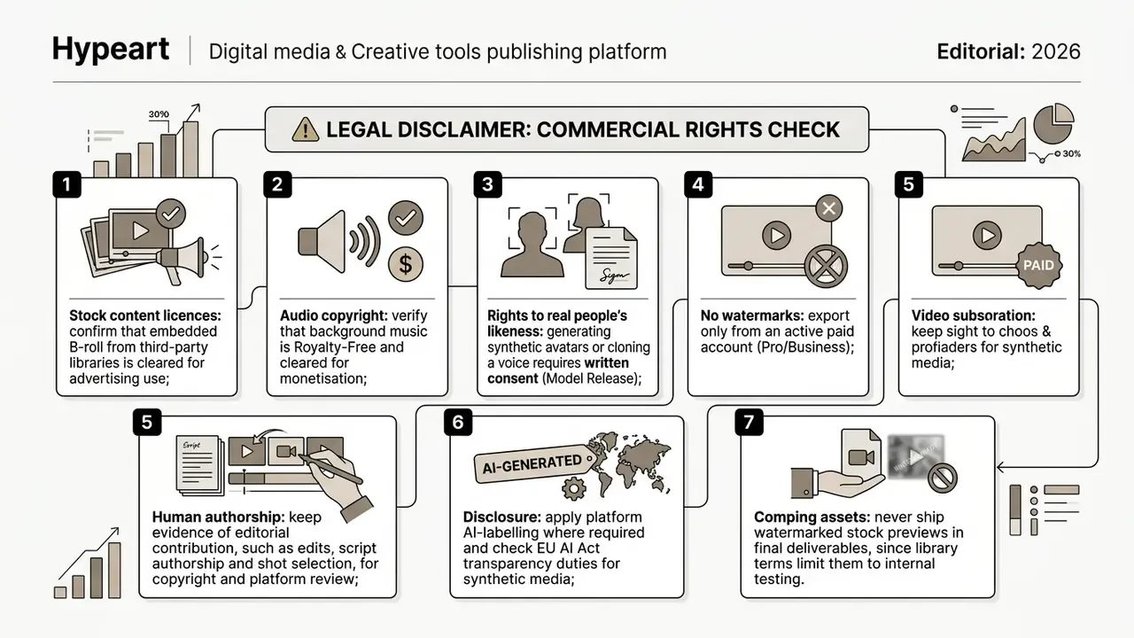 Seven step process diagram outlining legal compliance requirements for commercial video asset usage