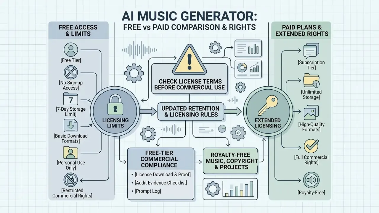 Comparison chart detailing licensing rules and commercial usage rights for an AI music generator free plan