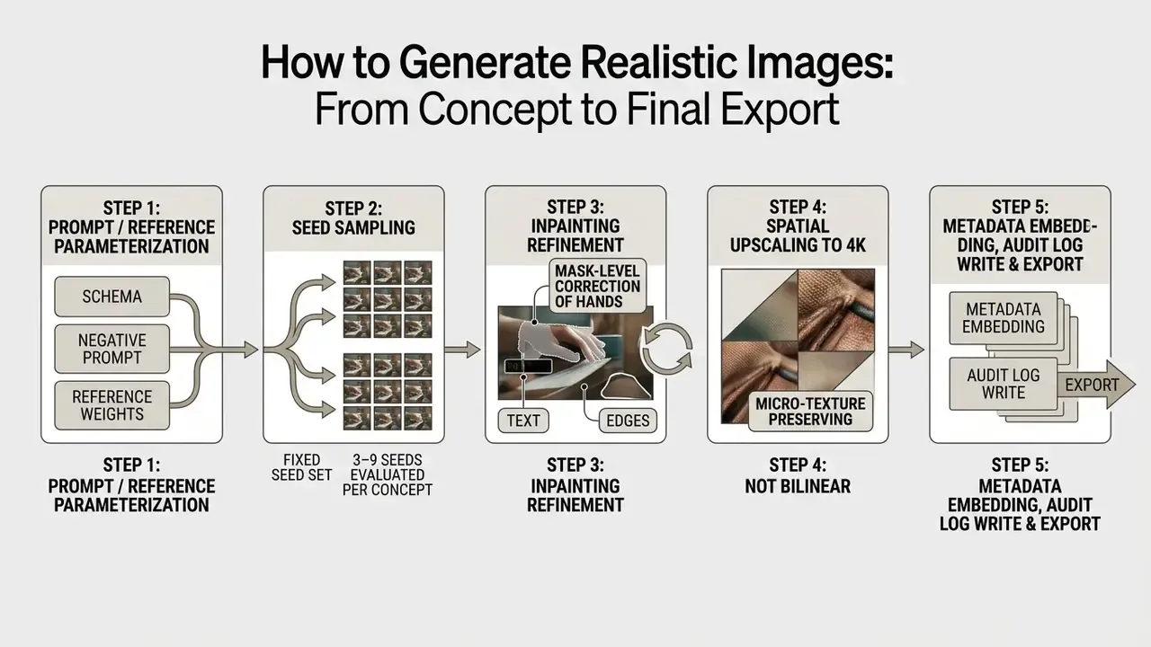 Five sequential steps showing prompt parameterization, seed sampling, inpainting, upscaling, and export