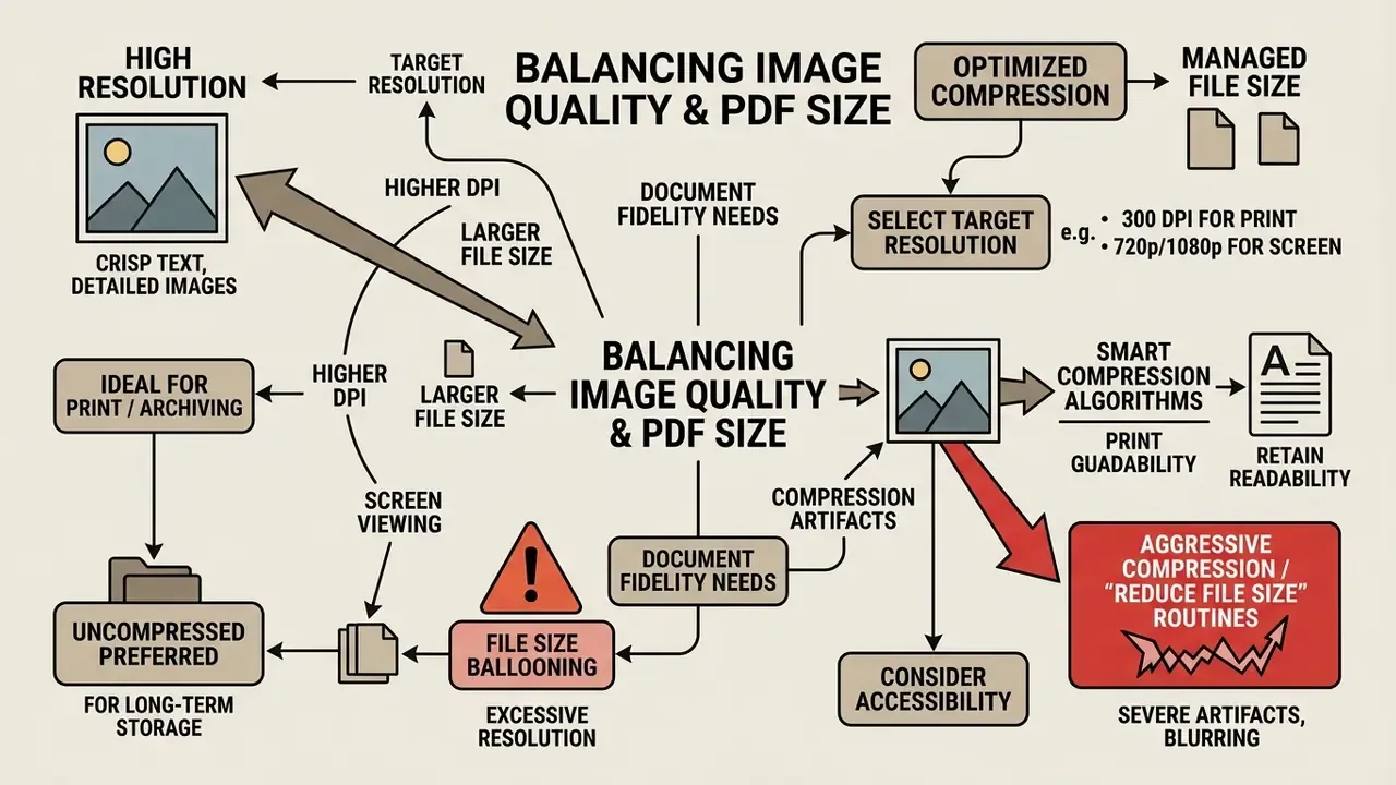 Diagram mapping the trade-offs between DPI resolution, compression algorithms, and document fidelity
