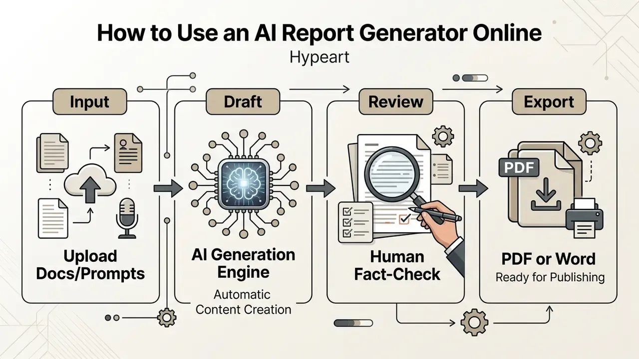 Four sequential stages showing document upload, AI processing, human review, and final file export