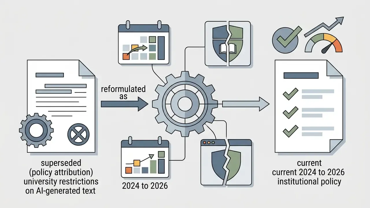 Document with gears and cross marks flowing through a central gear into a finalized policy document