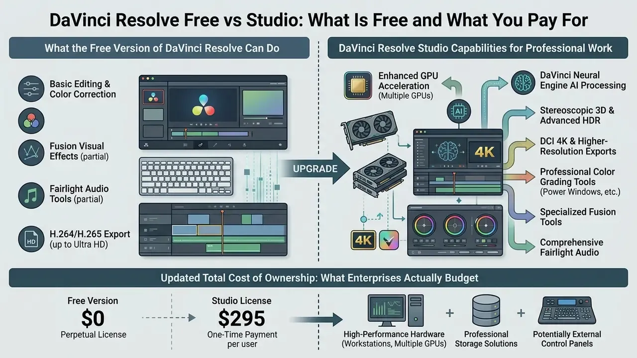 Comparison chart showing features of DaVinci Resolve free version versus the paid Studio license