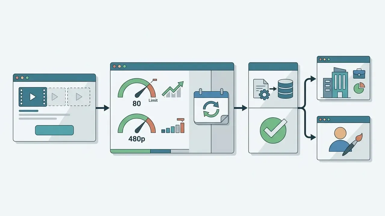 Process diagram showing AI video credit limits, monthly resets, and commercial or personal usage paths