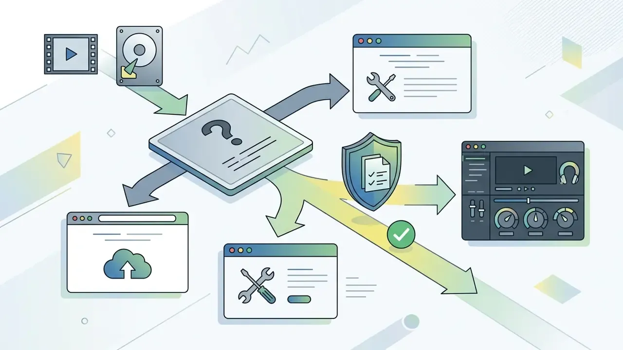 System of arrows branching from a central question icon toward browser tools and local software options