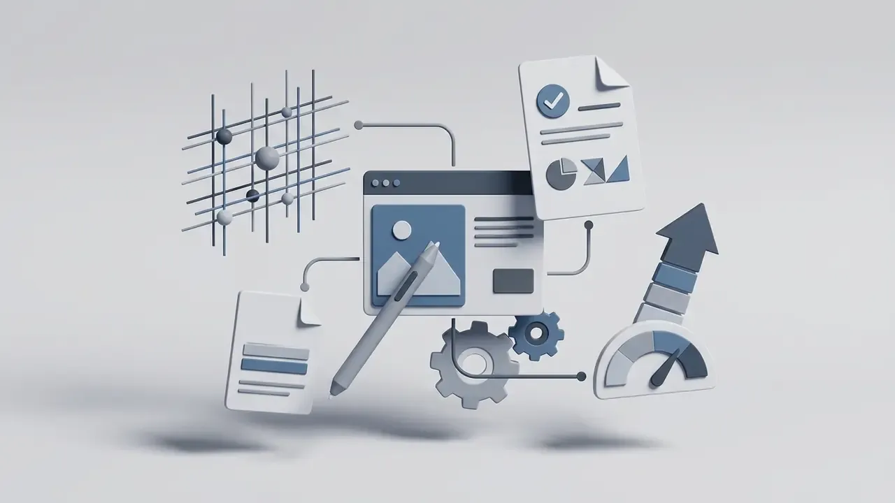 3D render of a digital workspace with a stylus, grid, document, gears, and an upward trending gauge