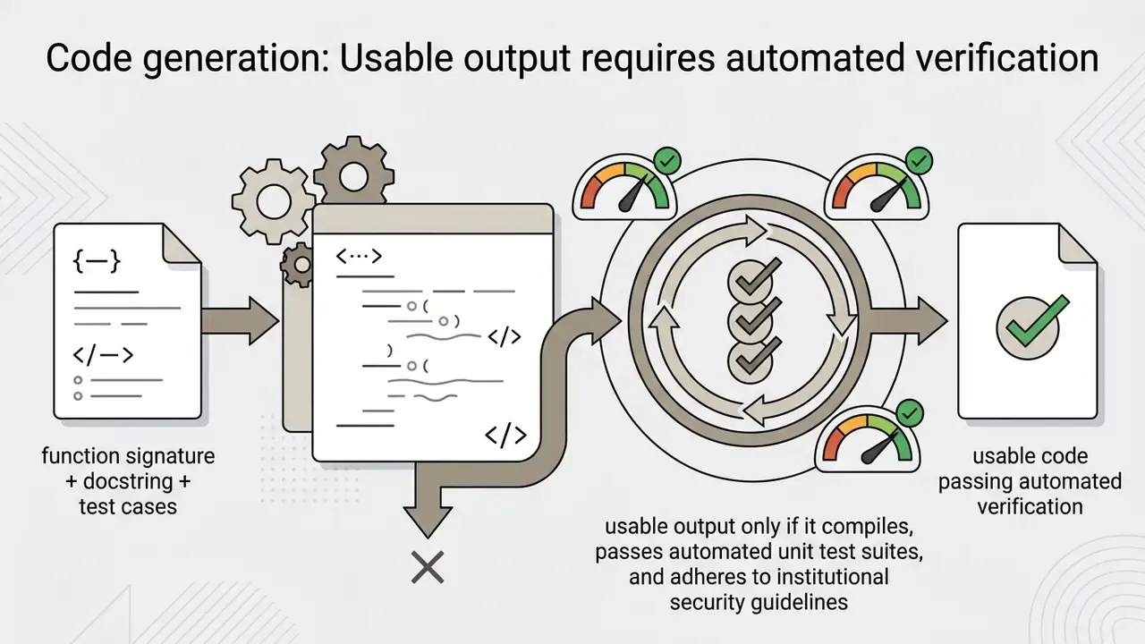 Code generation workflow showing input processing, automated test cycles, and verified output validation