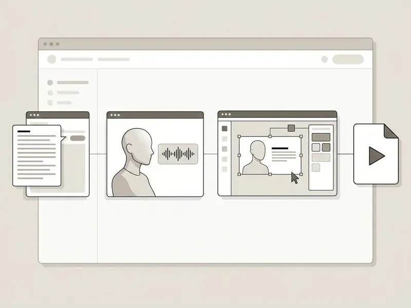 Linear progression from script input to avatar selection, studio editing, and final video generation