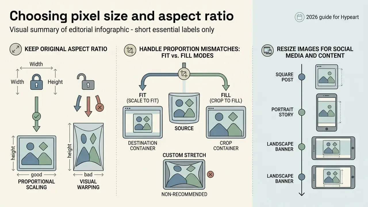 Diagram explaining how to maintain aspect ratios and manage fit or fill modes when resizing media