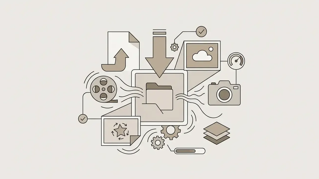 Central folder icon receiving various media files like photos and film reels through digital pathways
