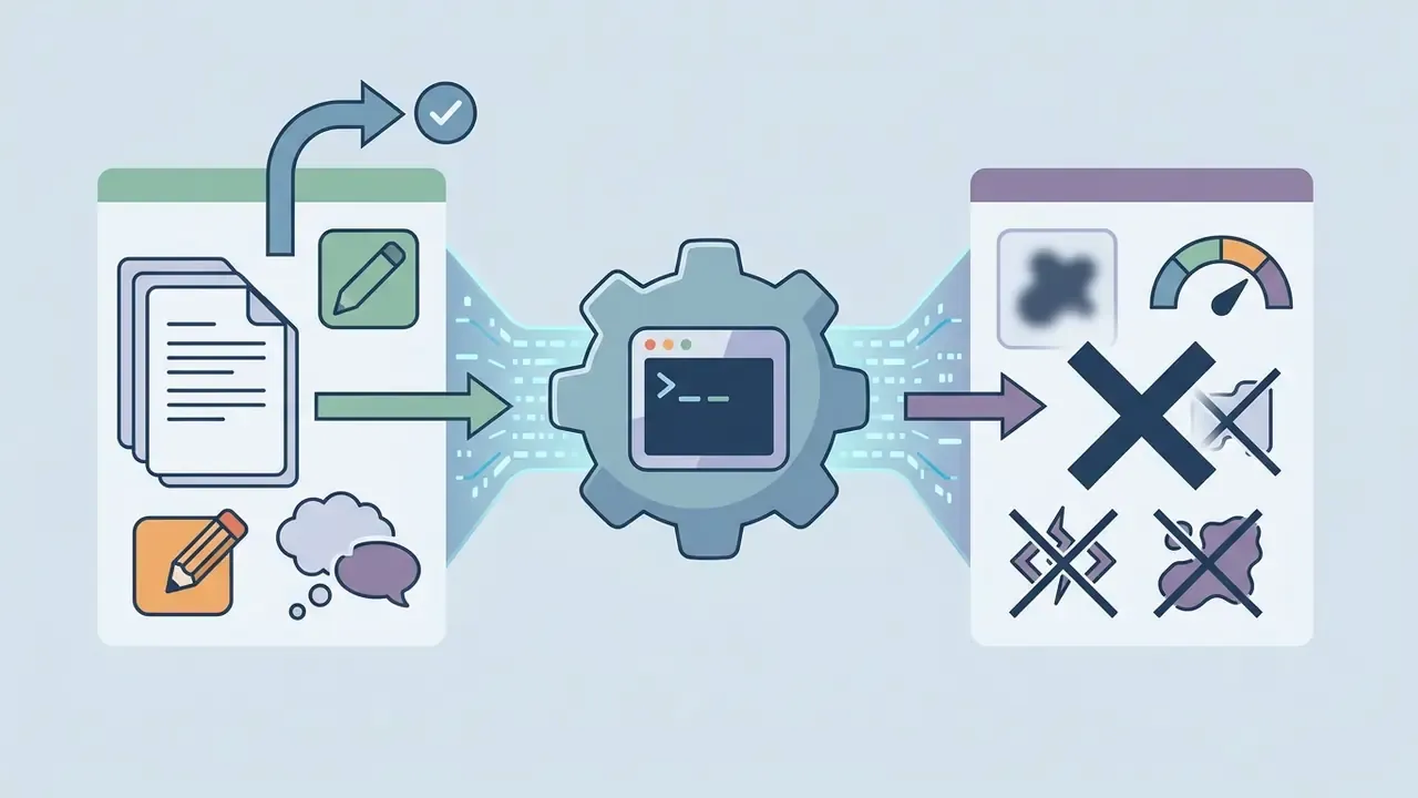 Central gear processing text prompts into excluded visual elements marked with cross symbols