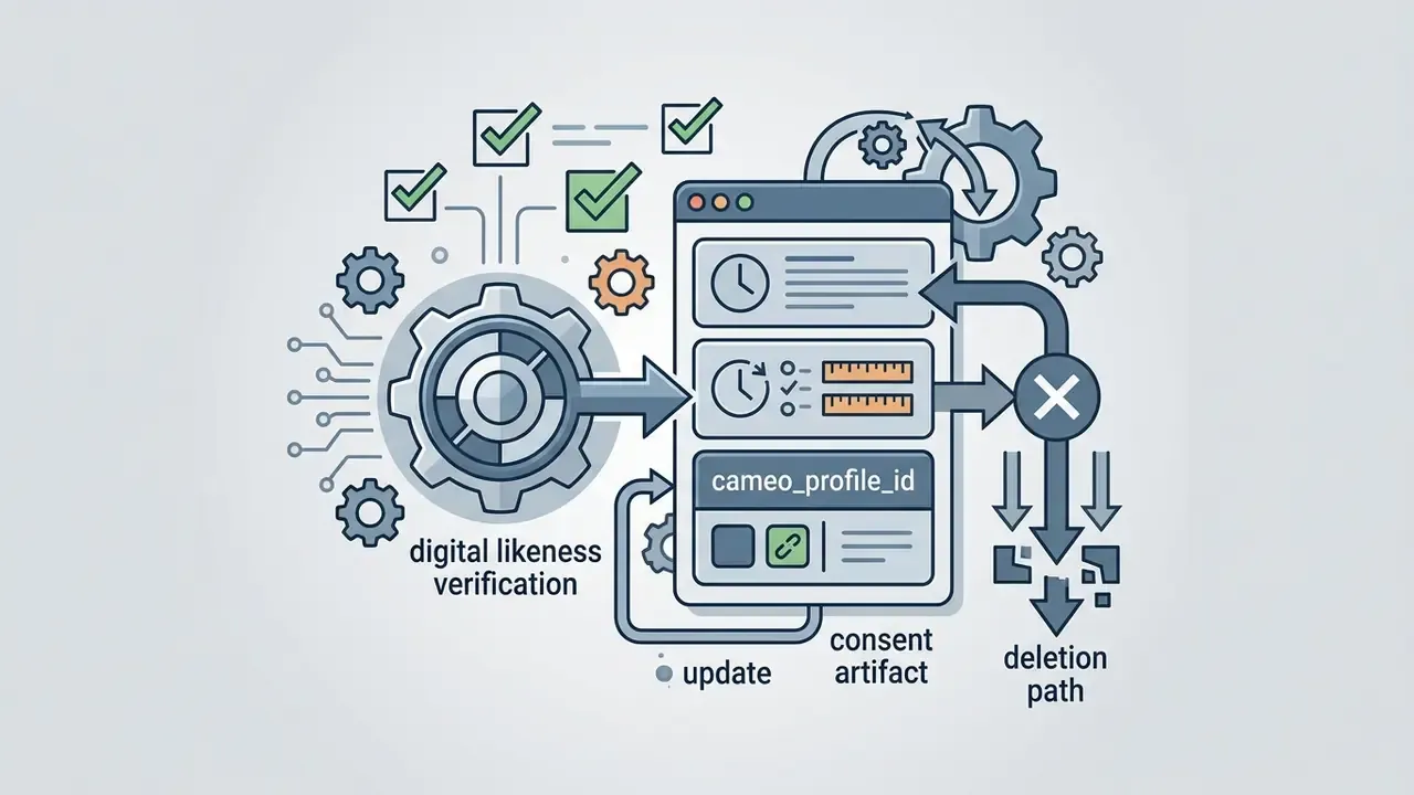 Digital likeness verification gear feeding data into a consent profile with a deletion path