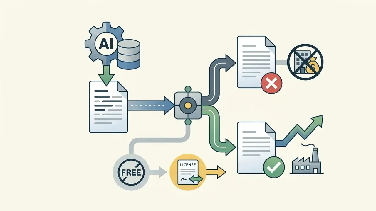 Process flow comparing free versus commercial license outcomes for AI generated content
