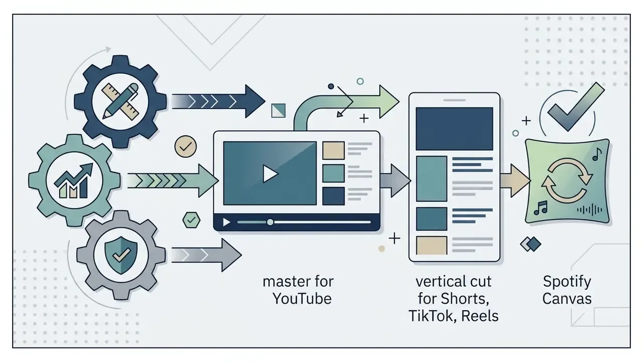 Gears feeding into a video player, a mobile interface, and a looping Spotify Canvas asset
