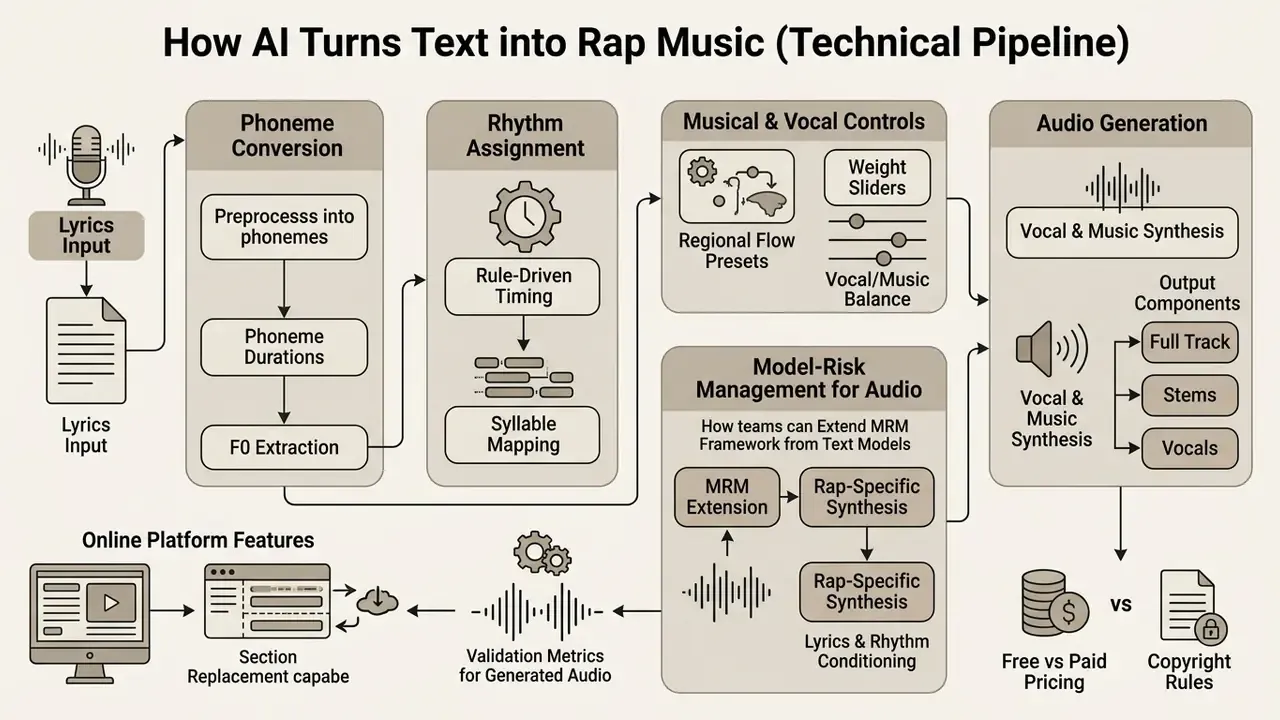 Flowchart detailing the stages of an AI rap generator from phoneme conversion to final audio output