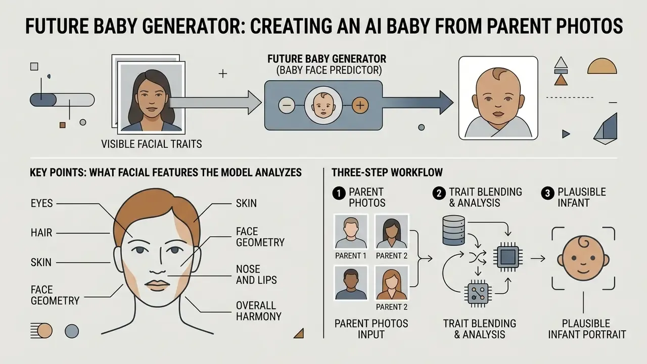 Infographic detailing how facial features are analyzed to blend parent photos into a baby portrait