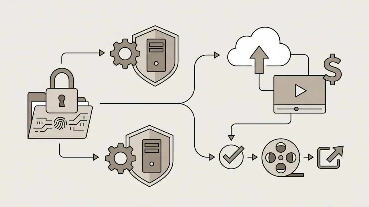 Icons showing data classification paths to either local server processing or cloud-based video workflows