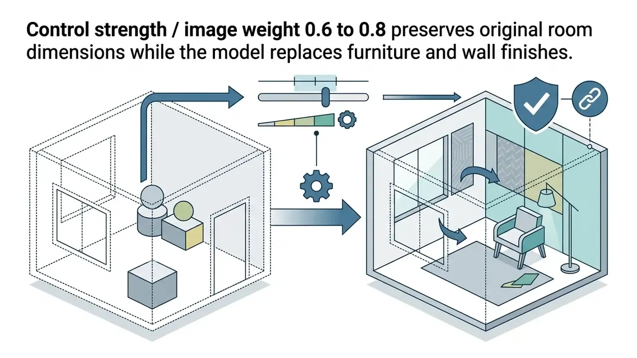 Slider interface adjusting room geometry and furniture layout between two isometric interior spaces