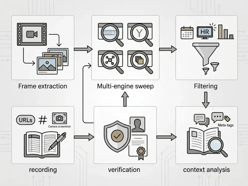 Flowchart showing steps to find video from image reverse search including extraction and verification