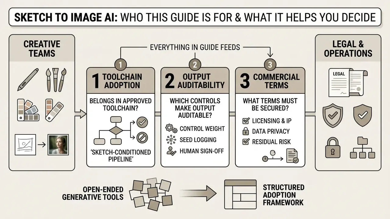 Infographic showing three decision stages for adopting sketch to image AI between creative and legal teams