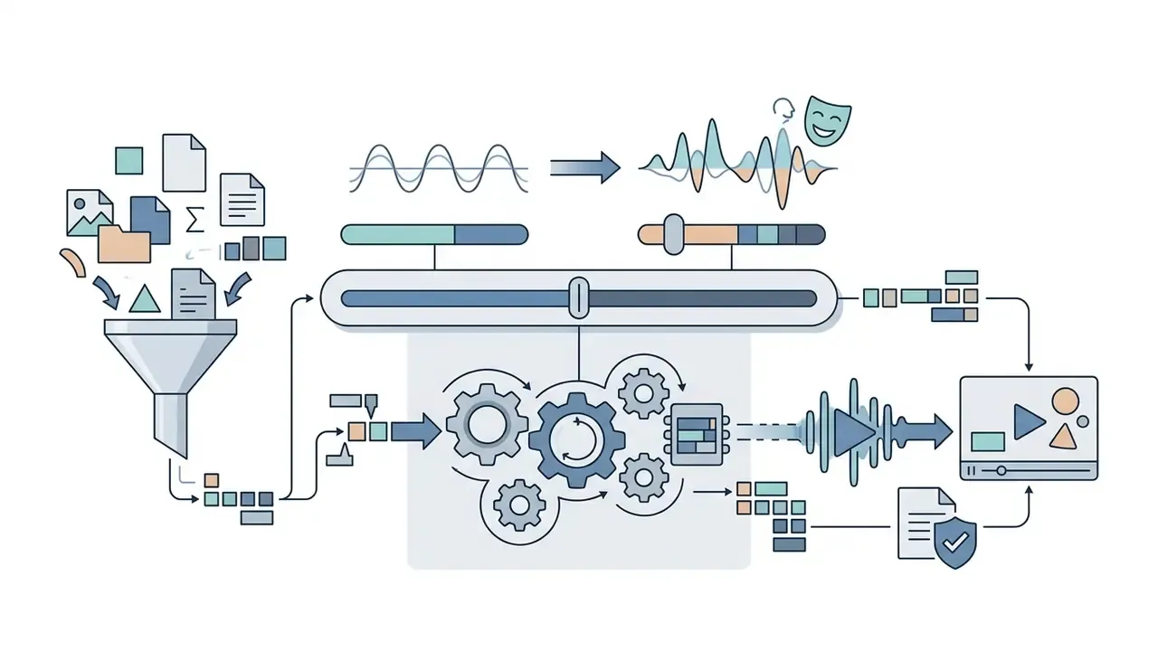 Data funnel processing files into a gear system that converts input parameters into synchronized video output