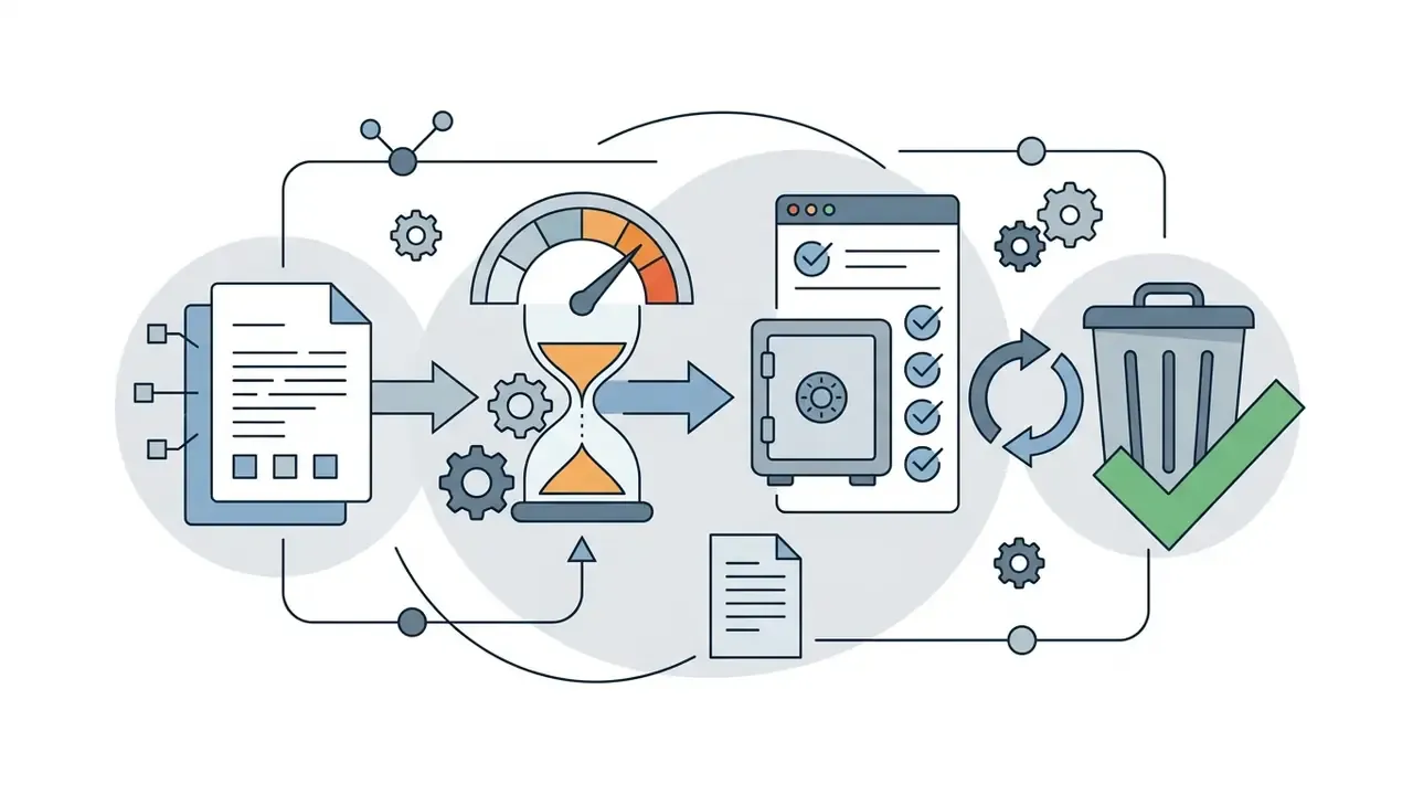 Data document moving through a timer and vault to a trash can icon with a green checkmark for deletion