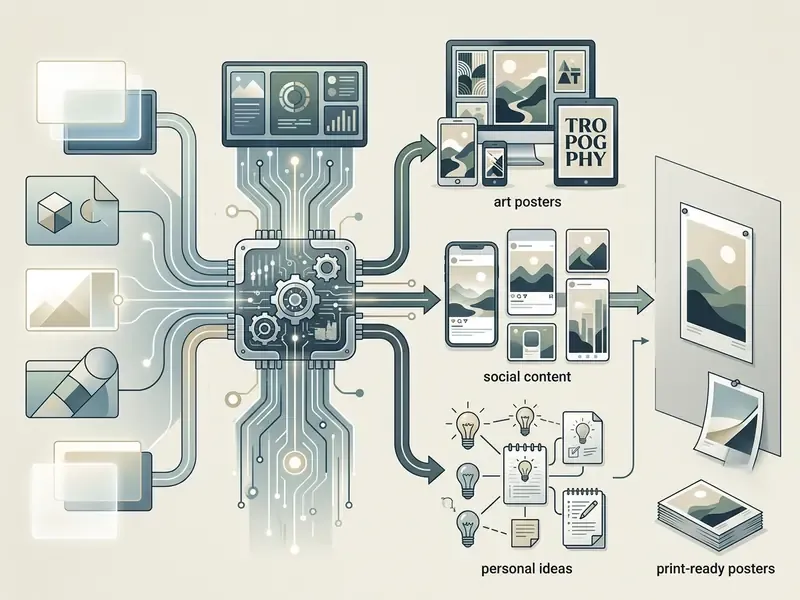 Central processor unit transforming various digital inputs into art, social media content, and print media
