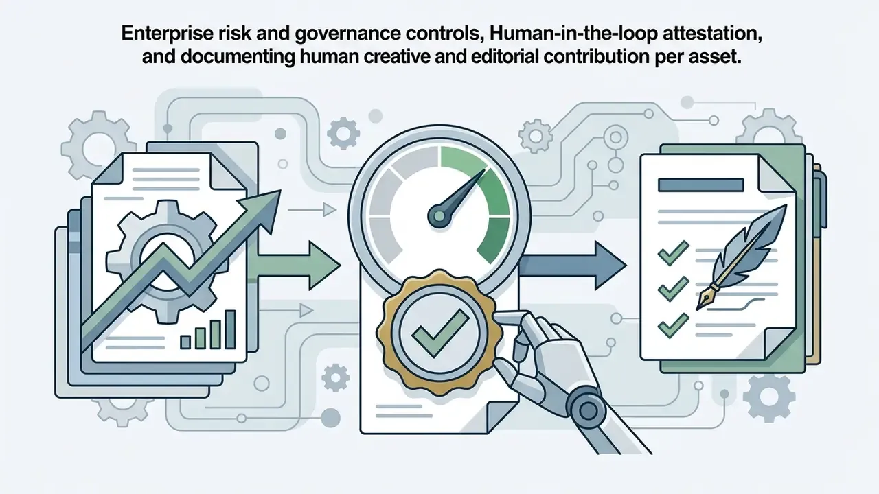 Robotic hand applying a checkmark seal to a document after processing metrics and creative assets