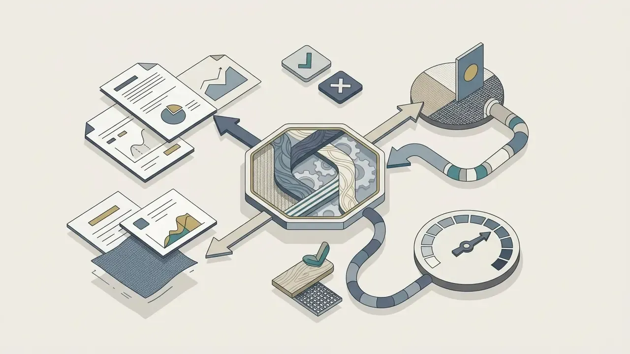 Isometric diagram showing interconnected data nodes, material samples, and a gauge measuring processing flow