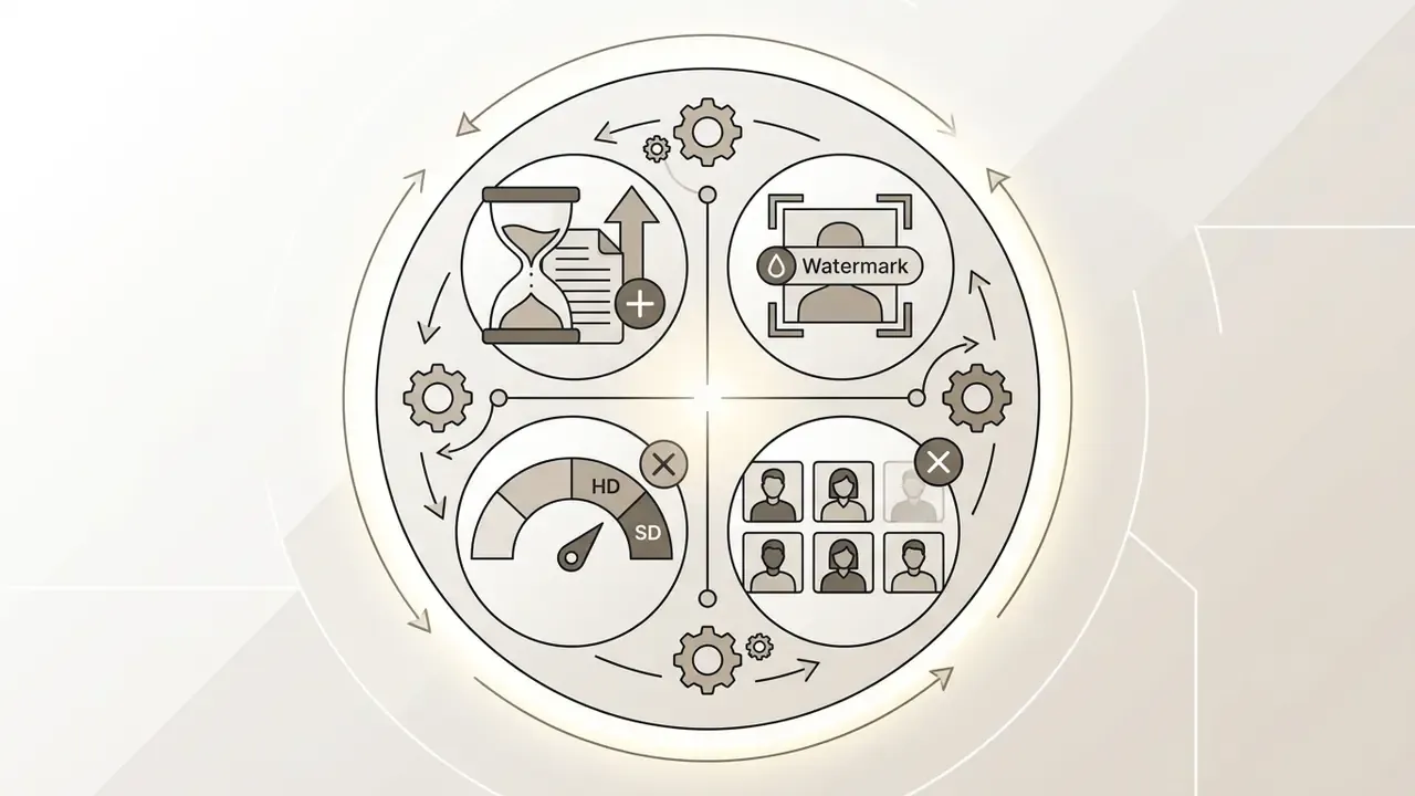 Circular diagram showing icons for render limits, watermarks, resolution caps, and avatar account quotas