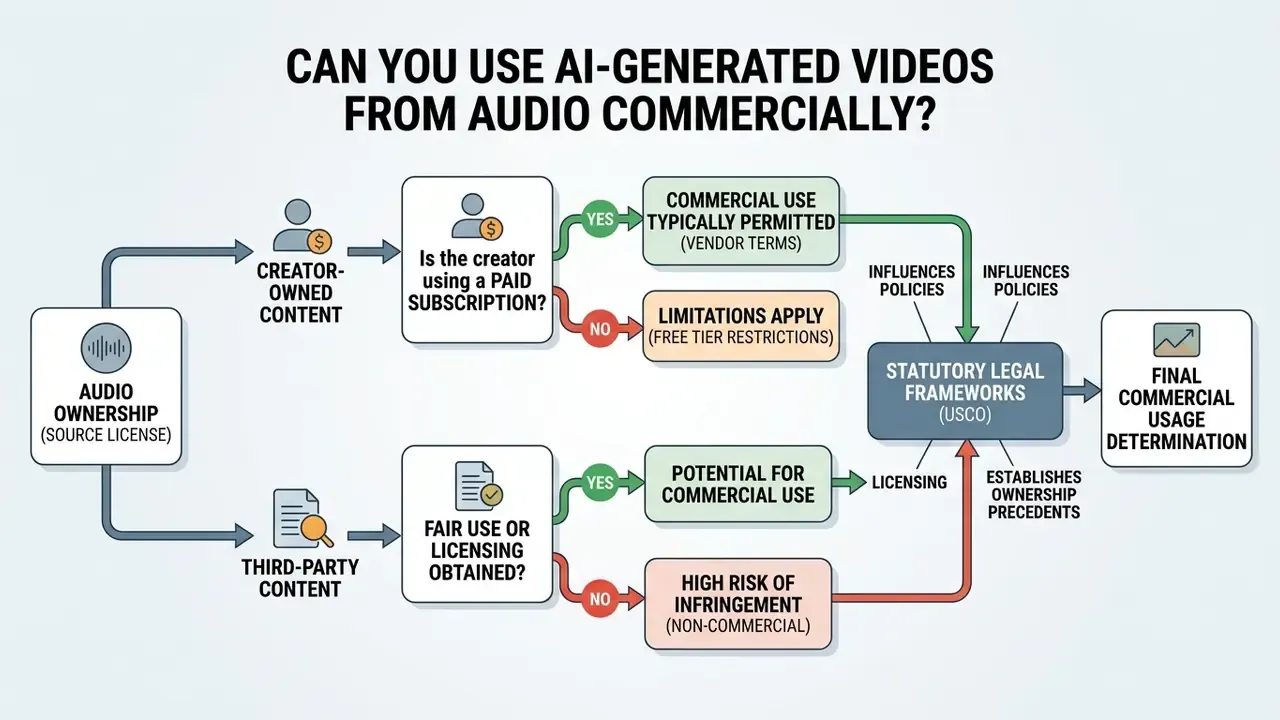 Decision tree showing how audio ownership and subscription status determine commercial usage rights