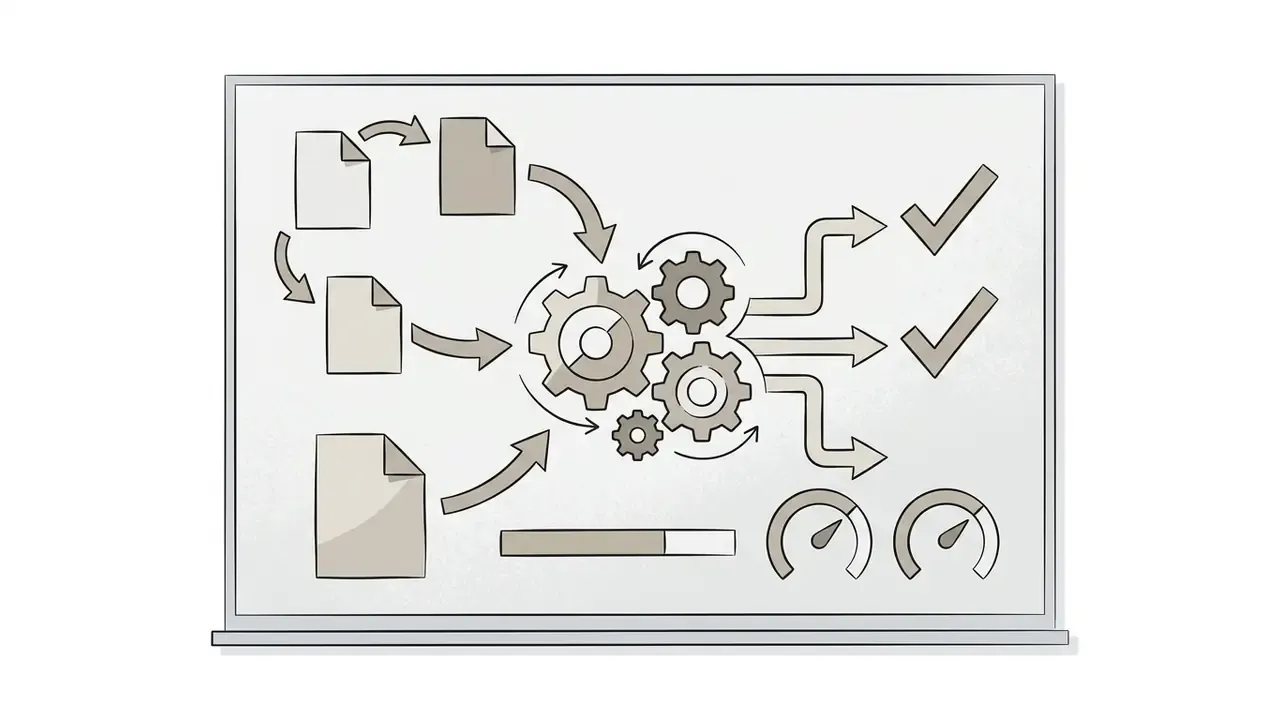 Hand-drawn whiteboard sketch showing documents feeding into a gear mechanism that outputs completed tasks