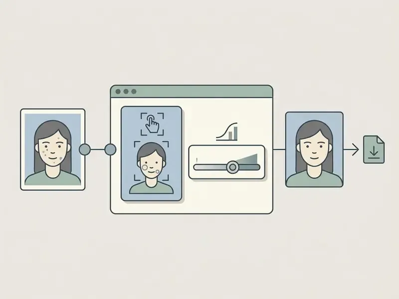 Workflow showing portrait upload, AI blemish removal with intensity slider, and final image download
