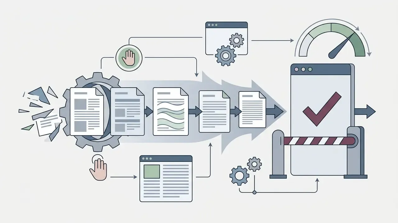 Documents passing through a gear mechanism and a security gate for automated compliance review