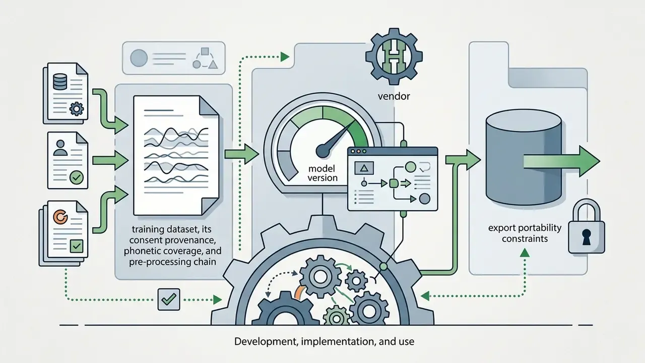 Process map showing data documentation, model versioning, and export constraints for synthetic speech