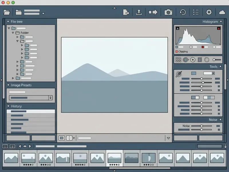Software interface showing a central image preview with file browser, histogram, and adjustment tool panels