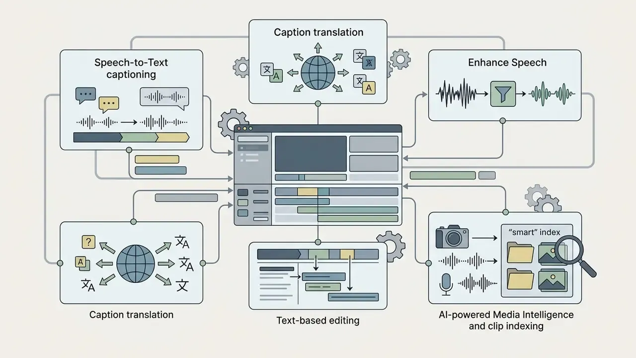 Central video editor interface surrounded by AI features like captioning, speech enhancement, and indexing