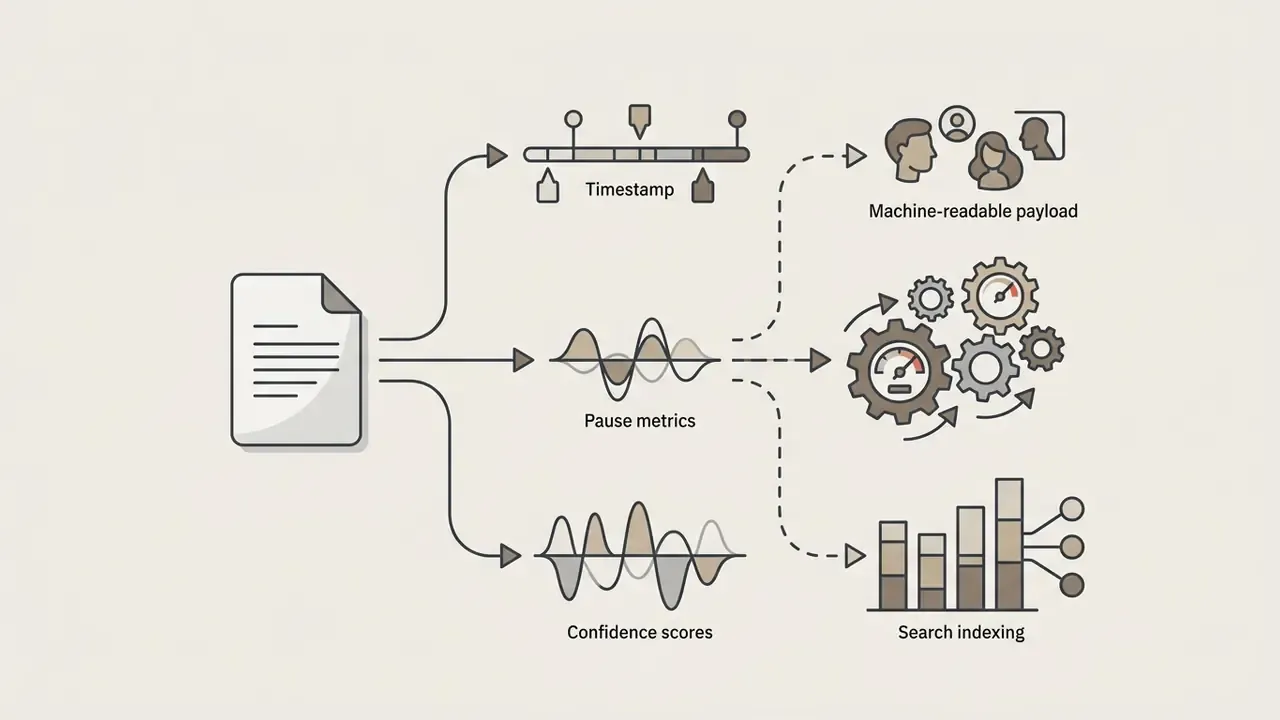 Document data branching into timestamps and metrics that feed into machine-readable and search outputs