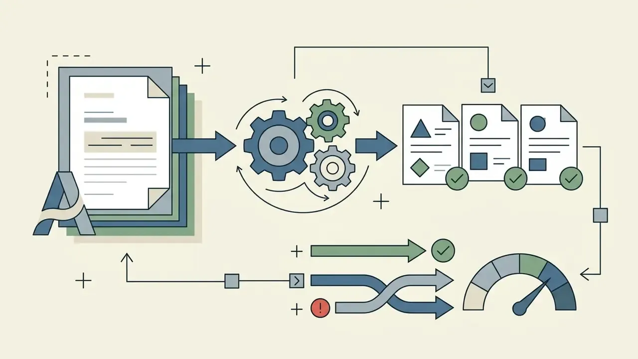 Documents feeding into a gear mechanism that outputs validated files and a performance gauge