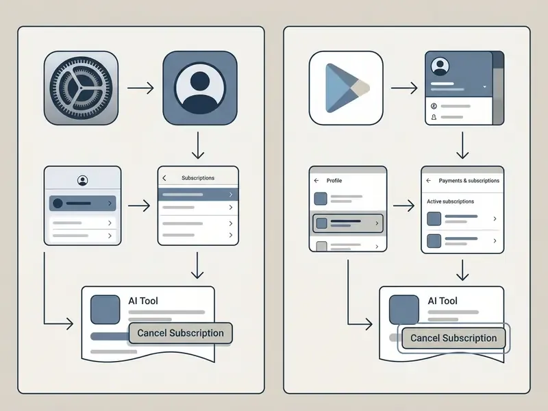 Step-by-step navigation paths for canceling AI tool subscriptions on iOS and Android mobile devices
