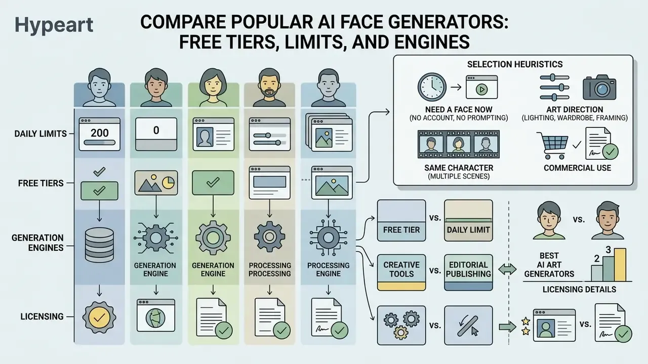 Infographic comparing software features, usage limits, and licensing options for synthetic portrait tools