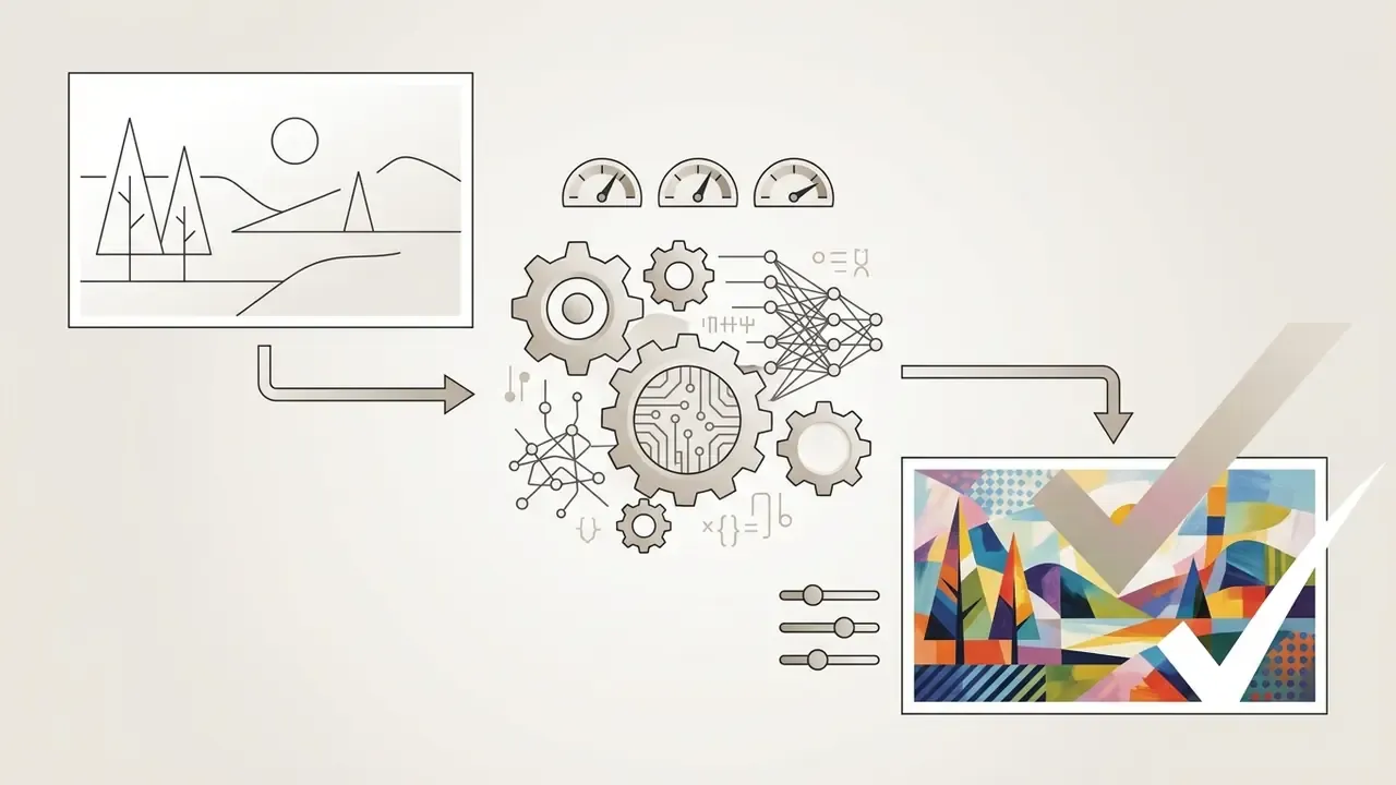 Neural network processing a line drawing into a colorful painterly landscape with adjustment sliders