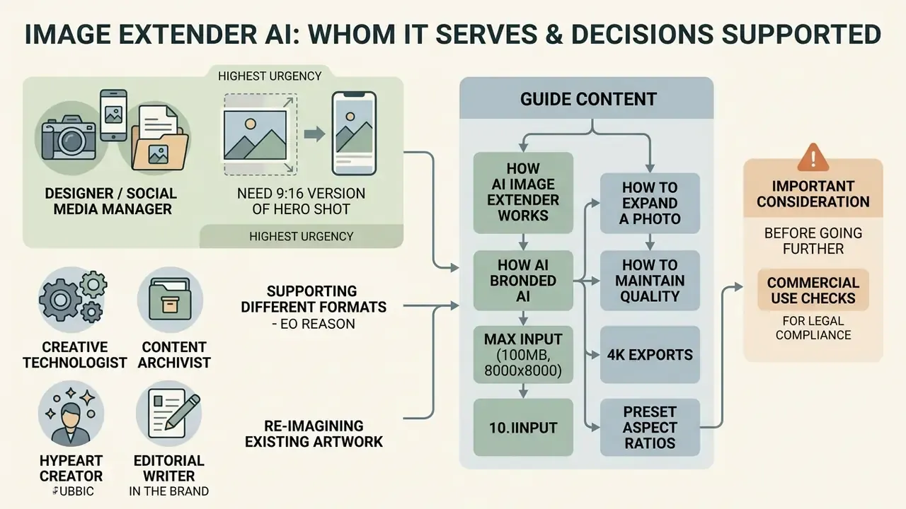 Infographic showing how different user roles benefit from using an AI image extender for various tasks
