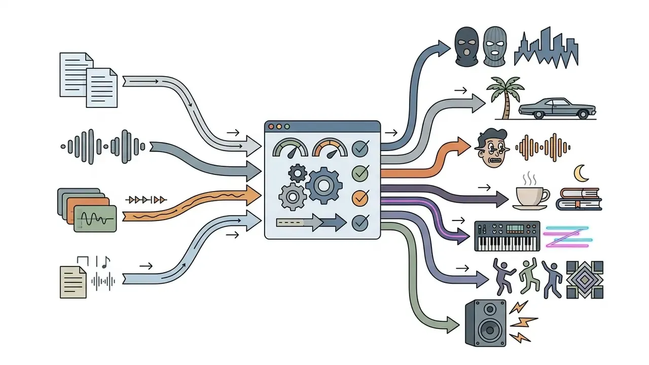 Inputs flowing into a control hub and branching out to represent diverse musical genre styles