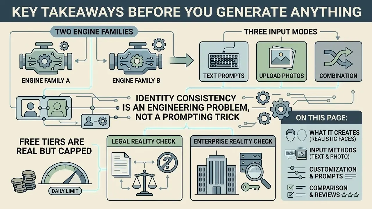 Infographic showing engine families, input modes, and key considerations for an AI face generator